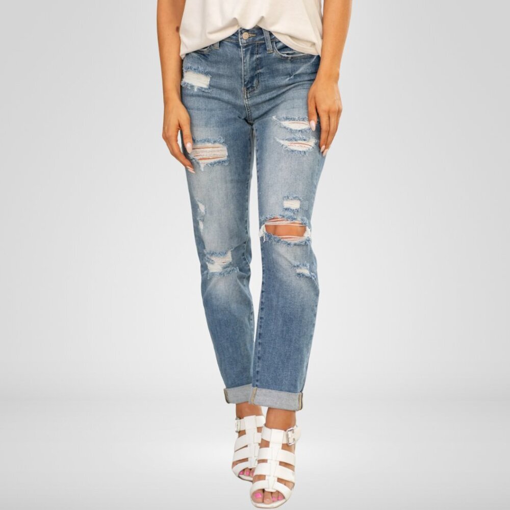 Judy Blue High Rise Distressed Boyfriend Cuffed Jeans Size 0/24 - Picture 2 of 4